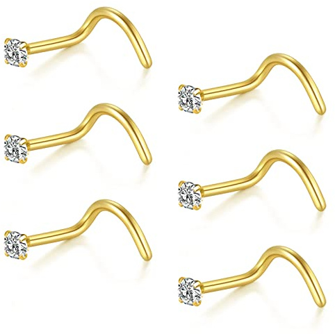 FECTAS Nose Ring Screw Nose Stud 18G 20G Corkscrew Nose Piercing Jewellery Stainless Steel 1.5mm 2mm 2.5mm Diamond Silver Gold
