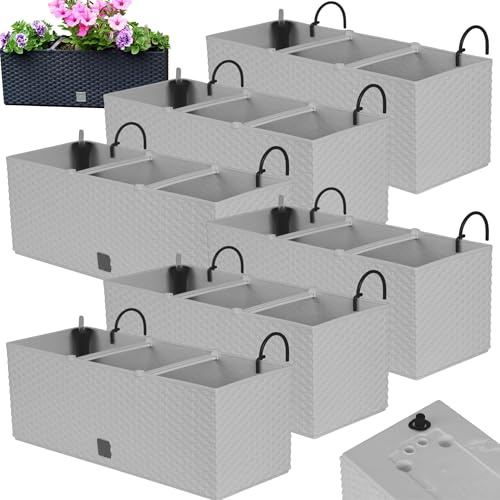 Blumenkasten Balkon Set 6 X 51x19x18,5 cm | Balkonkasten in Rattanoptik | Pflanzkasten mit Griff, Halterungen und Bewässerungssystem | Blumentöpfe für Terrasse | Pflanzkübel in edlem Design | Weiß