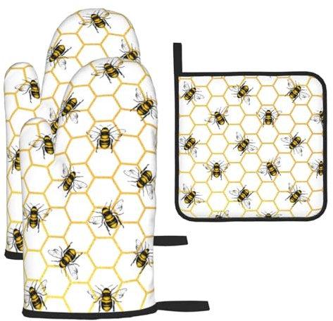 Bee Pattern Bee Honeycomb Printed Oven Mitts And Pot Holders Sets Oven Mitts Heat Resistant Oven Gloves For Cooking Baking Kitchen BBQ