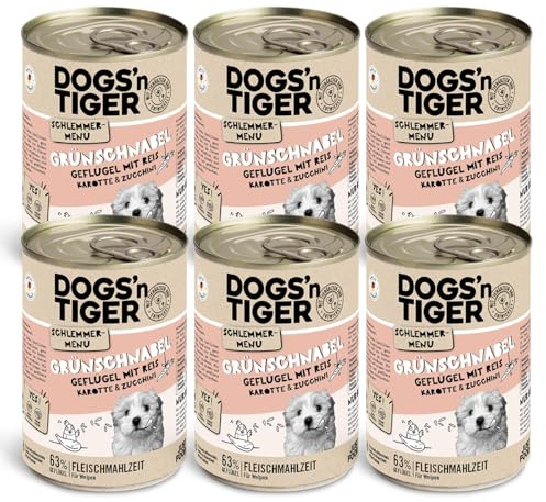 Dogs'n Tiger Grünschnabel Nassfutter Hund, Huhn, Reis & Gemüse, 6X 400g | Hundefutter nass, Junior, Welpen, hoher Fleischanteil, getreidefrei, ohne Zuckerzusatz, ohne Konservierungsstoffe
