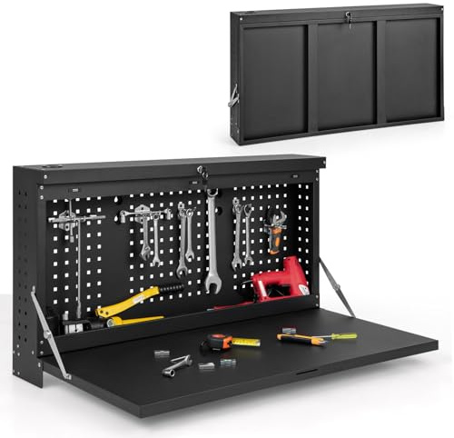 GYMAX Werkzeuglochwand, wandmontierte Werkzeugschrank mit Lochwand, Werkstattschrank mit klappbarer Tischplatte, Werkbank mit Schlüssel, Wandregal für Werkstatt & Garage