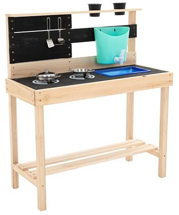 TP Toys Little Chef Mud Kitchen – Cucina giocattolo in legno certificato FSC con pentole, padelle e lavagna in acciaio inox, ideale per bambini dai 3 anni in su, include acqua e vasca di lavaggio per