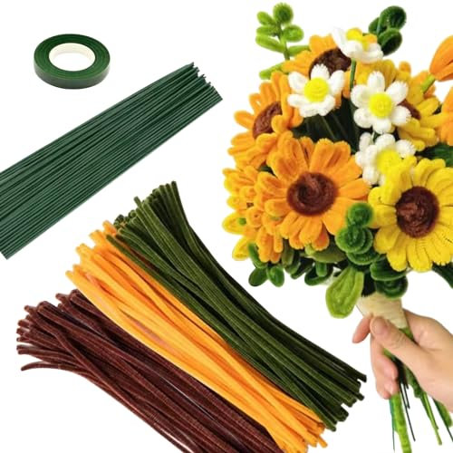 Pfeifenputzer zum Basteln, 300 Stück Pfeifenreiniger mit 20 Stück Blumenstiele und Klebeband 30cm Chenilledraht Biegeplüsch für Sonnenblumen und Bastelprojekte (Grün, Gelb, Braun)