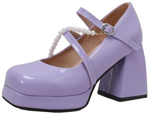 XINXINIO Mary Jane Scarpe da donna con tacco Grosso décolleté con perline, Lilla, 42 EU