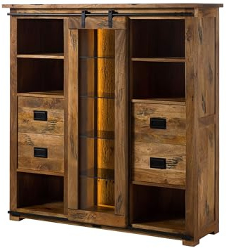 MASSIVMOEBEL24.DE | Highboard Mango/Altholz 142x45x147 Natur lackiert Railway LUX #121, Farbe:Natur lackiert, Größe:142x45x147 cm (BxTxH)