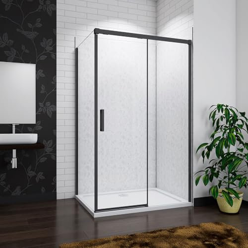 Acezanble 1200mm Black Slim Sliding Shower Door+700mm Side Panel +1200x700mm White Stone Tray