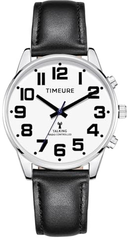 TIMEURE-2309M Sprechende Herren-Funkarmbanduhr mit Analoganzeige | Sprachansage von Uhrzeit und Datum. Automatische Zeitkalibrierung. Alarm und einstellbarer Stundenschlag.