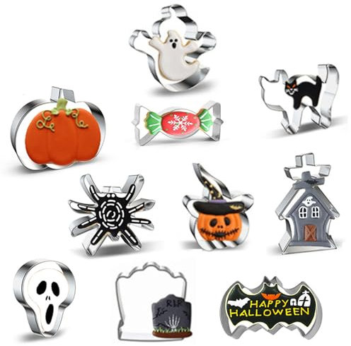 DKDDSSS Halloween Cookie Cutters Set, 10 Shapes Biscuit Cutters Halloween- Ghost, Bat, Cat, Gingerbread Man, Pumpkin, Skull, and Witch's Hat Shape Etc, for Baking