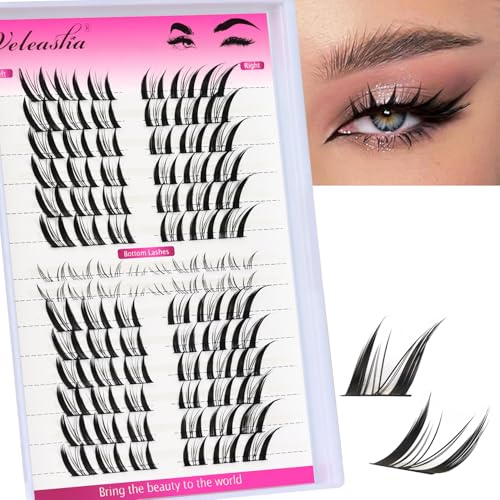 Veleasha Fox Eye Wimpernsträhnen 88 Stück Manga Wimpern Zarte Wimpernsträhnen DIY Wimpernverlängerung zu Hause, linke & rechte spitze Wimpernsträhnen mit unteren Wimpern (Foxy)
