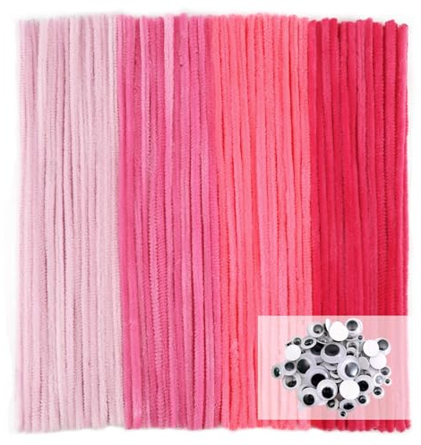 TOAOB 300 Stück Pfeifenputzer zum Basteln 4 Verschiedene Rosa Chenilledraht | Pfeifenreiniger 6 mm x 30 cm, Pipe Cleaner Basteln Set, mit Wackelaugen Selbstklebende, für DIY Handwerksprojekte