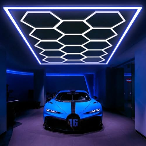 VASTFIRE Hexagon LED Garagenlicht, 14-Pack Wabenleuchten mit Rechteck Rot Blau Grün Frame 6500K für Garage, Keller, Lager etc (Blau)
