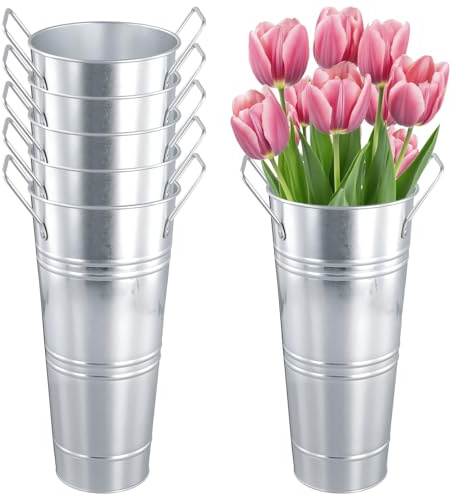 HEIYUET 6 Stück Metallvase Verzinkt, 23cm Hoch Verzinkte Blumeneimer Silber Blechvase mit Griff, Rustikale Metall Blumenvase für Hochzeit, Floral, Tischdekoration