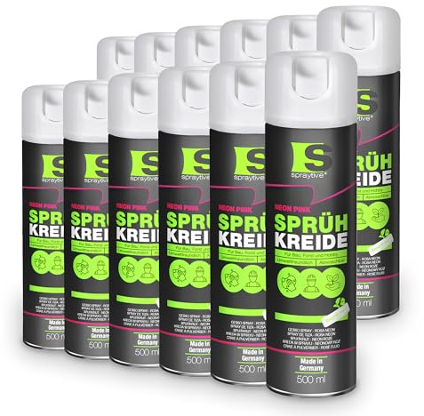 Spraytive 12 x 500ml Sprühkreide Neon-Pink Kreidespray Markierungsspray | abwaschbar, wasserlöslich, Kreidefarbe für Bodenmarkierung auf Baustelle, Rasen, Asphalt, Beton & Erde, Made in Germany