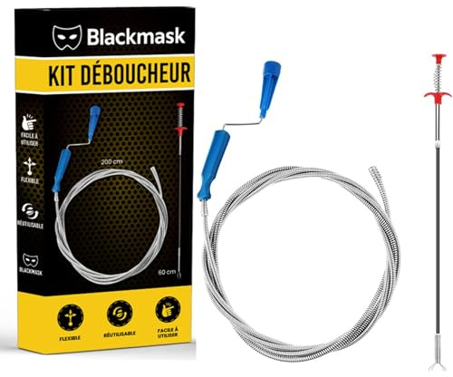 Kit Déboucheur Canalisation 2 en 1 – Furet à Manivelle 2M + Attrape Cheveux 60cm – Déboucheur Mécanique Évier, Lavabo, Douche, WC – Réutilisable, Flexible, Anti-Bouchon