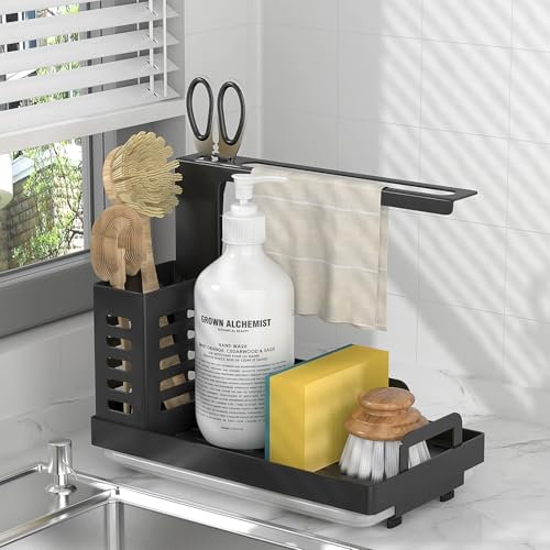 Shunfaji Spülbecken Organizer Schwarz Mit Abflusspfanne,Edelstahl Küchenutensilien,Waschbecken Organizer Schwammablage Küchen, Lappenhalter Spülbecken Küchenzubehör Schwamm Bürste Spülseife