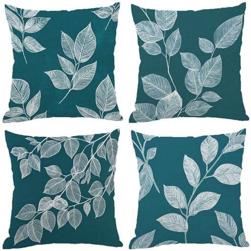 Fodere Cuscini da Esterno Impermeabili, Foglia Federe Cuscini Divano 70x70 Quadrate Set di 4, Doppia Faccia Stampa Lino Cushion Covers Turchese Cerniera Invisibile per Room Decor, Regalo Donna Z-879