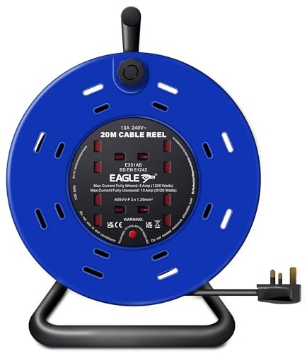 Eagle 4 x UK Plug Socket Extension Reel with A Frame Metal Holder, Restable Thermal Safety Cut Out Protection, Cushioned Easy Hold Handle, Winding Handle, UK Plug. Extending Extension Lead 13 Amps 20m
