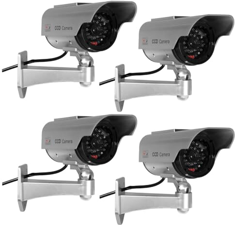 Maclean 4-er Pack Realistische Solar-Überwachungskamera-Attrappe mit Blinkender LED – wetterfestes Dummy CCTV-Kameramodell für Innen- und Außenbereiche, einfache Montage (4X Stück)