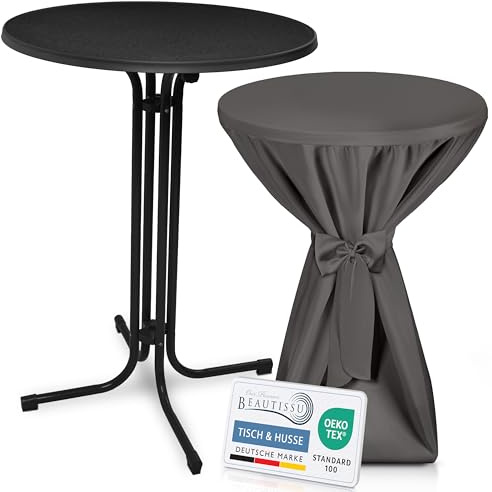 Beautissu Schwarzer Stehtisch klappbar mit Premium Stehtischhusse | 80cm Anthrazit wetterbeständig Outdoor Bistrotisch kratzfest UV-beständig Husse rutschfest waschbar Schleifenband Bellini
