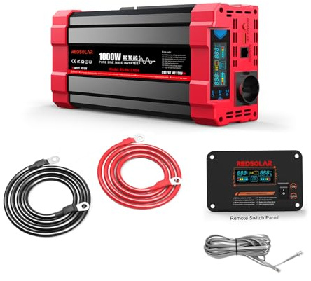 REDSOLAR Inverter 1000W Ren Sinus Växelriktare (Spik 2000W), 12V DC till 230V AC Spänningsomvandlare för Bil och Camping – Omvandlare med LCD-skärm, USB-port, EU-uttag och Fjärrpanel (7 meter kabel)