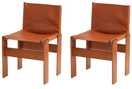 Sillas de comedor de cuero engrasado de mediados de siglo, sillas de comedor modernas, sillón retro para el hogar, sillas de madera de nogal para sala de estar/cocina dormitorio Walnut + Brown 2pcs