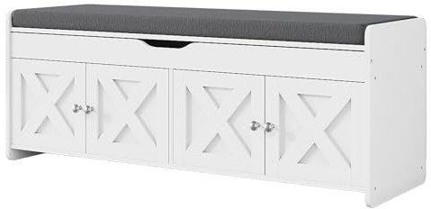 Pipishell Shoe Storage Bench, 2-Tier with Cushioned Seat, Entryway Bench with Adjustable Shelf & Barn Doors, 300 lbs Capacity, 47.2 x 15 x 18, for Entryway, Bedroom, Living Room, White