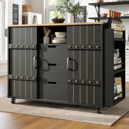 Zenithz Chariot de cuisine avec portes coulissantes noir (110 cm), îlot de cuisine moderne avec design 3D, chariot de service pliable sur roulettes, buffet de cuisine industriel