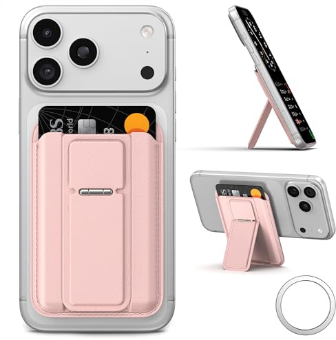 qaf Magnetic Card Holder Wallet for Smartphone, Slim Back Card Case with Phone Stand Support, Strong Magnet Grip, Easy-Access Pocket, Compatible with MagSafe & Magnetic Phone Cases Pink
