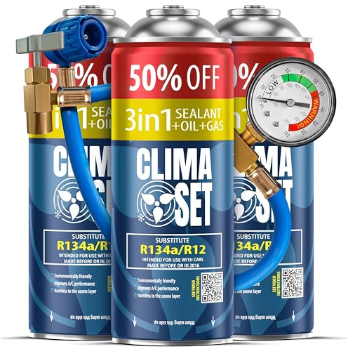 ClimaSet - 3 x Recharge 3 en 1 pour climatisation r134a, Huile, Produit Anti-fuites XL et 1 x Tuyau - Kit de Recharge de Gaz pour Climatisation pour Automobile - 705 g