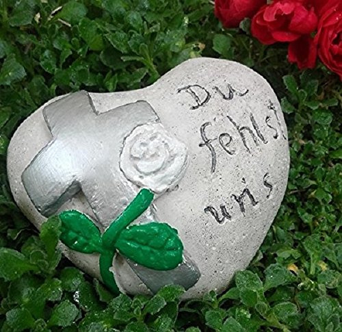 Radami Grabherz Herz Spruch - Du fehlst Uns - Grabschmuck Dekoherz Steinguss Kreuz Silber
