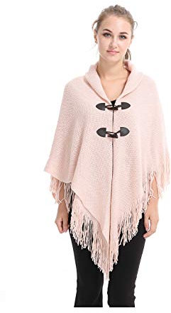 UK_Stone Poncho-Schal Damen Cape Trachtentuch Umhang Stola Schultertuch aus Acrylic Unifarbe mit Hornschnalle, Rosa