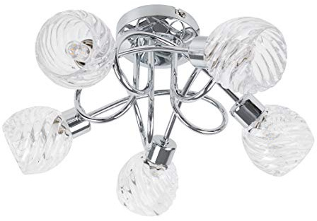 MiniSun | Contemporary 5 Way Polished Chrome Curved Arm Flush Ceiling Light with Stunning Swirled Glass Dome Shades - Complete with 3w LED G9 Bulbs | Ceiling Lights & Home Essential | Mains Wired