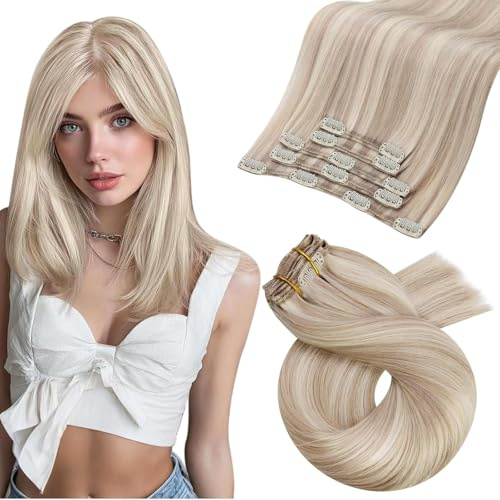 Moresoo Clip in Extensions Echthaar Aschblond Platinblond 30 cm 5 Stück 80g | Doppelt Tressen,Glatter Fall,Clip Befestigung,Für Alltag Und Styling,Nahtloser Übergang Zum Eigenhaar