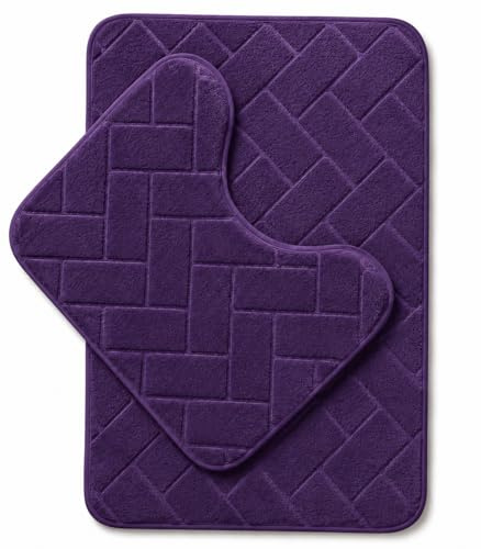 HOMES-LINEN Block Bricks Bath Mat Set Non Slip Pedestal Set Extra Absorbent 100% Memory Foam Bathroom Toilet Mat Rug Set (Plum)
