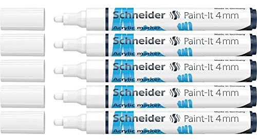 Schneider Paint-It 120249 - Pennarelli acrilici con punta rotonda da 4 mm, colori acrilici ad alta copertura per legno, tela, pietra, ecc., confezione da 5 pezzi, colore: Bianco