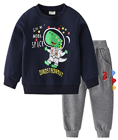 Volunboy Ragazzi Dinosauro Felpa Set, Lungo Stampato Tuta Jogging Pantaloni 2 Pezzi Completo(Nero,4-5 anni,Taglia 120)