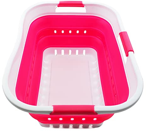 SAMMART Wäschekorb aus Kunststoff, zusammenklappbar, 30 l, mit 3 Griffen, faltbar, Aufbewahrungsbehälter, Organizer, tragbare Waschwanne, platzsparender Korb (White/Rose Pink)
