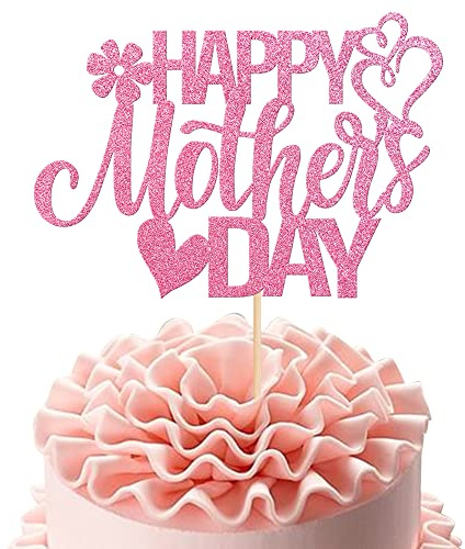 Xsstarmi 1 Pack Happy Mother's Day Cake Topper with Glitter Flower Double Heart Love Mom Best Mom Cake Pick Decorations for Happy Mother's Day Birthday Party Supplies Pink