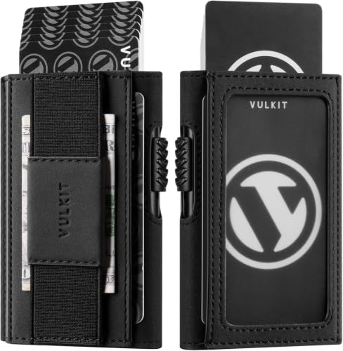 VULKIT Leder Slim Wallet mit Ausweisfenster und Geldklammer, Inneres Automatisches Pop-Up Kreditkartenetui aus Aluminium, RFID/NFC Blocker Portemonnaie, Schwarz