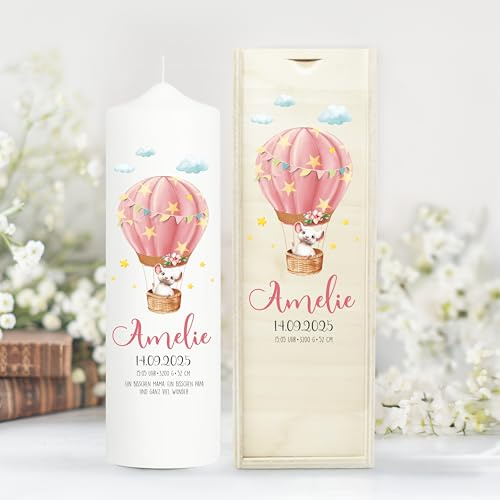 Wandtattoo Loft Taufkerze Junge oder Mädchen Motiv Maus im Heißluftballon, 25cm x 7cm, personalisierte Kerze, bedruckte Kerze zur Taufe, Stumpenkerze, individuelles Taufgeschenk