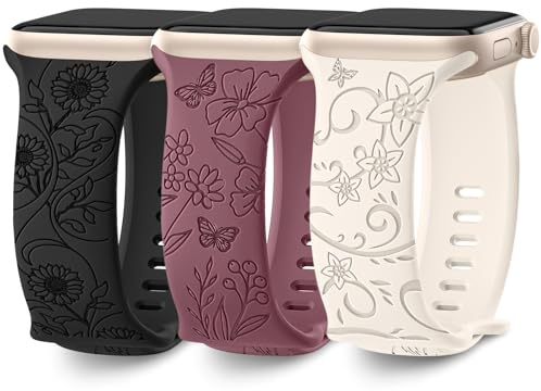 AMSKY 3 Pièces Floral Gravés Bracelets Compatible avec Bracelet Apple Watch 40mm 44mm 42mm 46mm 41mm 45mm 38mm 49mm Femme, Silicone Compatible avec iWatch Serie 11 10 9 8 7 6 5 4, SE 3 2 1