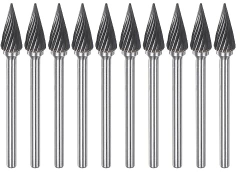 sourcing map 10pcs Carbide Rotary Burrs 1/8 (3mm) Shank 1/4 (6mm) Head Single Cut 60 Degree Cone M Shape Die Grinder Bits Rasp Files for Hard Metal Wood Stone Polishing Engraving