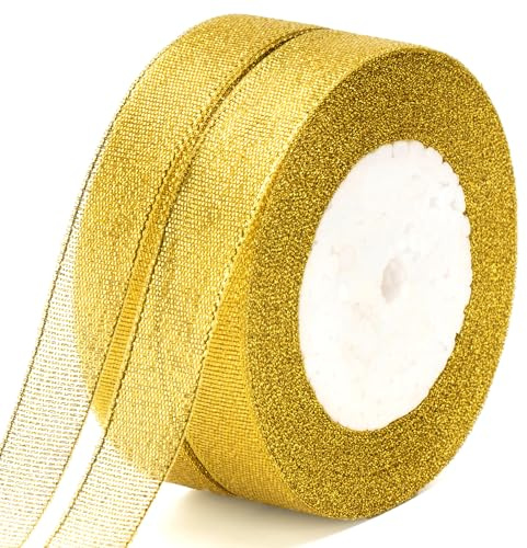 G2PLUS Gold Geschenkband Weihnachten 20mm, Organza Schleifenband Weihnachten, 4M Glitzer Geschenkbänder zum Geschenk Verpackung