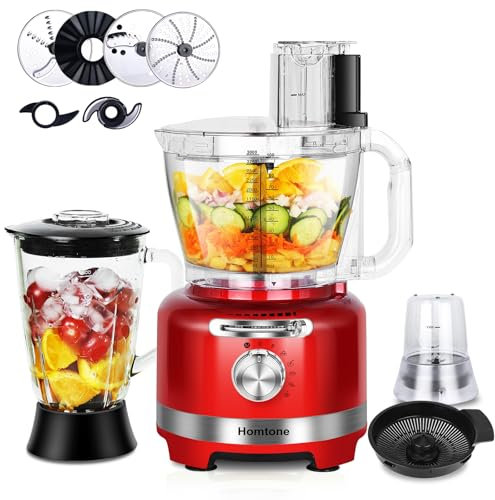 Homtone Robot da Cucina Elettrico 10 in 1, Tritatutto da 1000 W, Frullatore in Vetro da 1,5L e Ciotola da 3L, per Tagliare, Tritare, Grattugiare, Mescolare, Purè e Impasto, 6 Presenze, Rosso