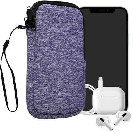 kwmobile Neopren telefonväska storlek XXL – 17,78 cm (7 tum) – universell mobiltelefonväska med dragkedja, handledsrem – denim/vit
