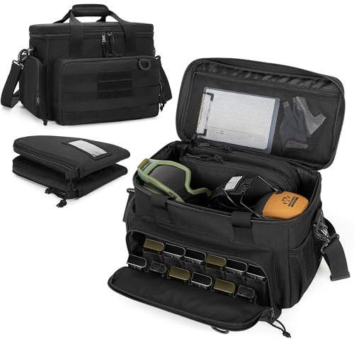 DSLEAF Schießstandtasche mit 2 Pistolenetuis, Schießstandtasche mit 12 Magazinfächern, Schießstandtaschen für Handfeuerwaffen mit gepolstertem Schultergurt für einfaches Tragen, Schwarz
