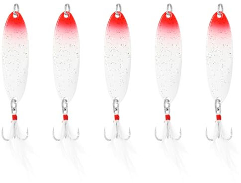 PATIKIL Cucharillas De Pesca 1/4 Oz 7g 5Pcs Señuelos De Pesca Cucharillas De Fundición Anzuelos Triples Cebos Giratorios para Agua Dulce Agua Salada Salmón Lubina Rojo Blanco