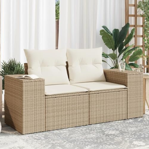 YUHI-HQYD Gartensofa mit Kissen 2-Sitzer,Entspannungssofa,Terrassen-Sofa,Sessel,Wohnzimmersofa,Garten-Sofa,Freizeit im Freien,Gartenstuhl,für Büro,Wohnzimmer,Arbeitszimmer,Beige Poly Rattan