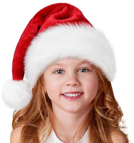 Ambandier Kids Christmas Santa Hat for Toddler Boys Girls, Children Soft Plush Classic Xmas Holiday Hat, Thicken Comfortable Velvet Santa Claus for Christmas New Year Festive Theme Party