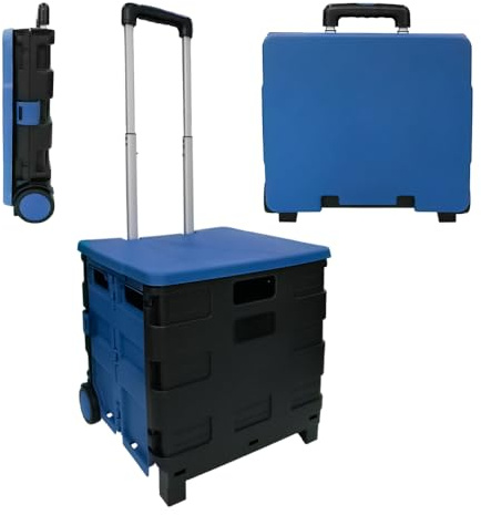 Berry 40L Foldable Shopping Trolley, Plastic Trolley Cart with 2 Wheels and Lid, Portable Cart with Telescopic Handle, Multipurpose Utility Cart for Shopping, Teacher - Blue and Black